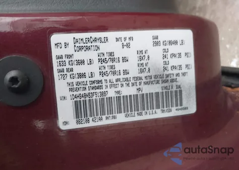 2003 Dodge Durango Slt from USA, damaged, VIN 1D4HS48N53F513897